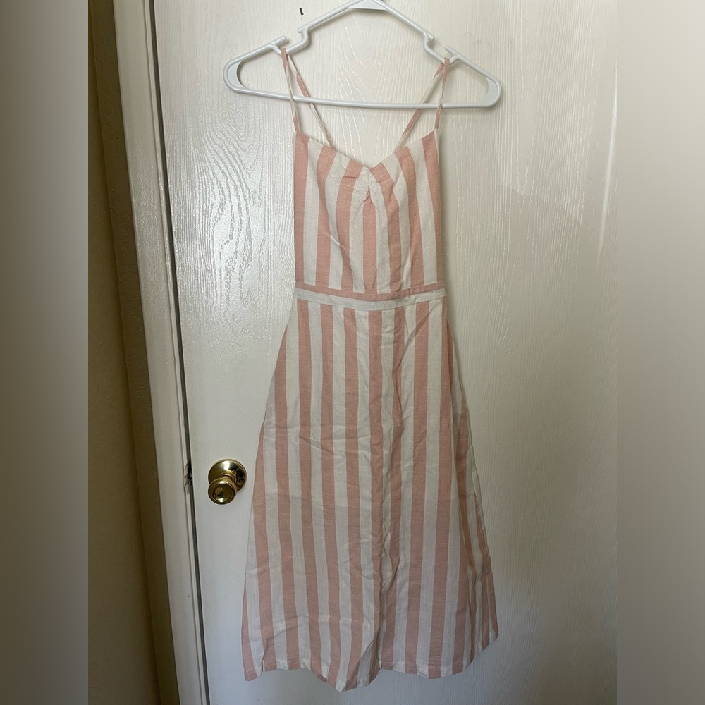 Honey Punch || Pink & White Striped Lace-Up Back Linen Midi Dress *WITH POCKETS*
